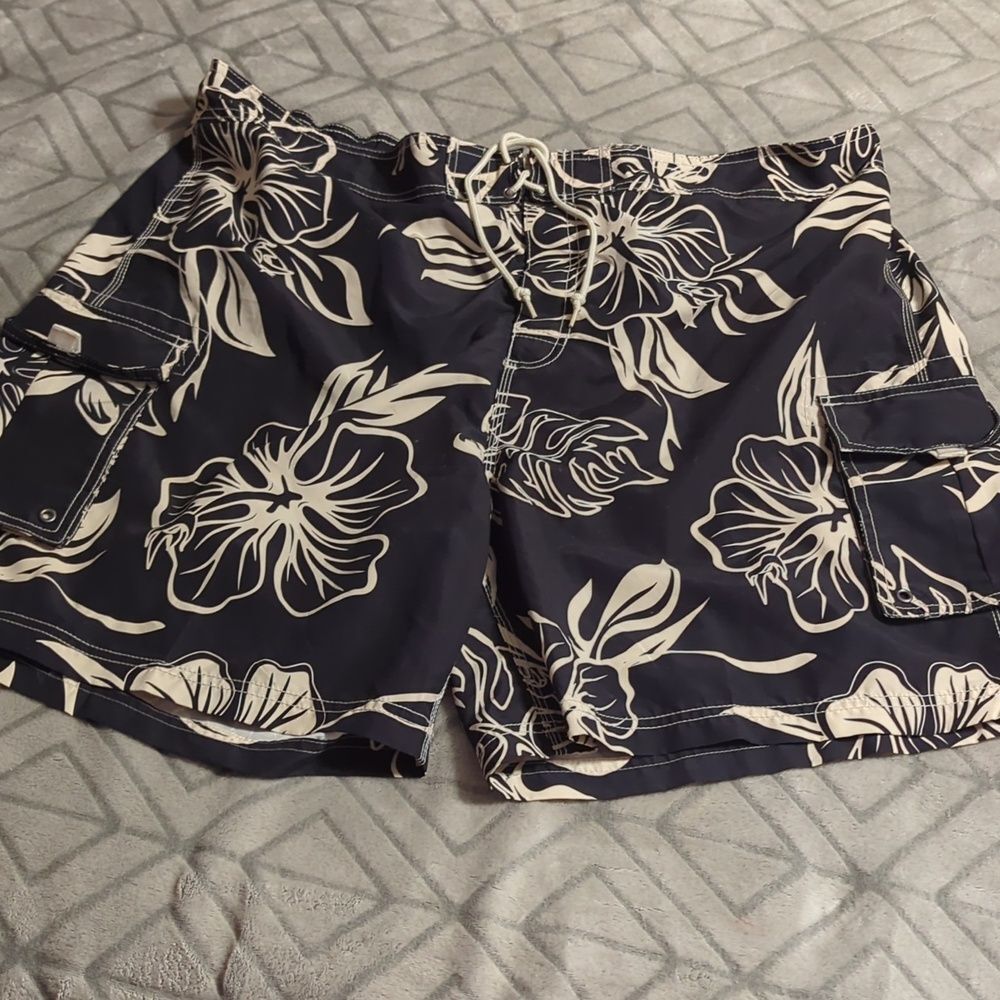 Sand N Sun Men Swimwear Large Black Floral Swim Trunks Cargo Pockets Beach‎ Surf
